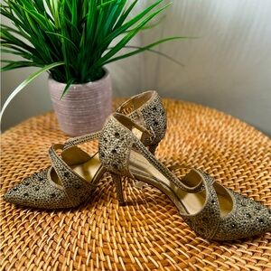 Jessica Simpson. Size 6 1/2. Tan Crystal shoes. 2 1/2 inch heel.